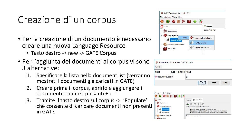 Creazione di un corpus • Per la creazione di un documento è necessario creare