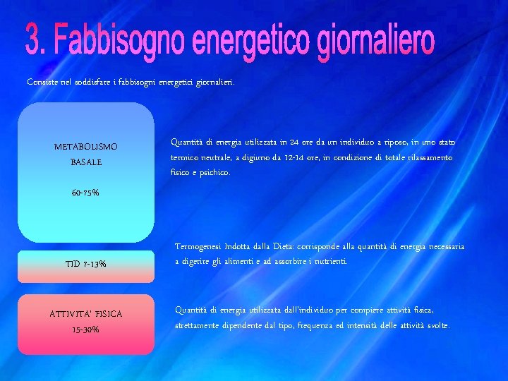 Consiste nel soddisfare i fabbisogni energetici giornalieri. METABOLISMO BASALE Quantità di energia utilizzata in