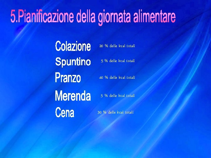 20 % delle kcal totali 5 % delle kcal totali 40 % delle kcal