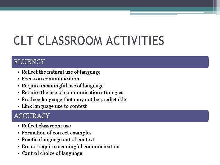 CLT CLASSROOM ACTIVITIES FLUENCY • • • Reflect the natural use of language Focus