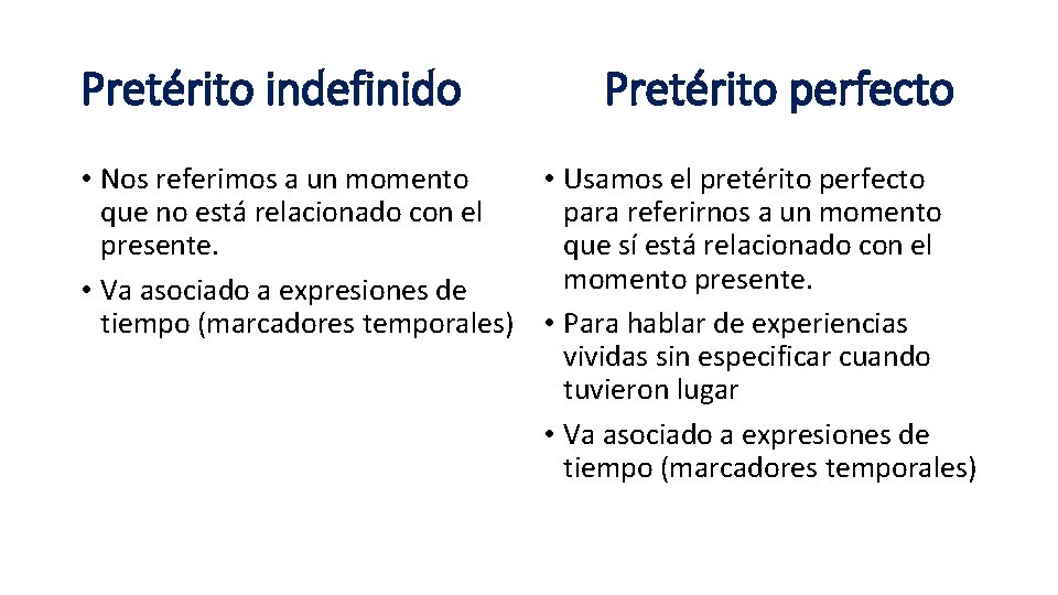 Pretérito indefinido Pretérito perfecto • Nos referimos a un momento • Usamos el pretérito