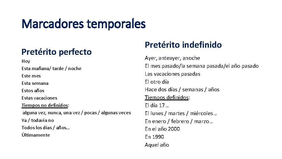 Marcadores temporales Pretérito perfecto Hoy Esta mañana/ tarde / noche Este mes Esta semana