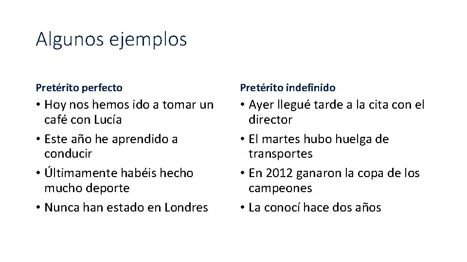 Algunos ejemplos Pretérito perfecto Pretérito indefinido • Hoy nos hemos ido a tomar un