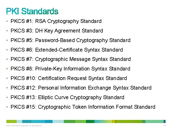  • PKCS #1: RSA Cryptography Standard • PKCS #3: DH Key Agreement Standard