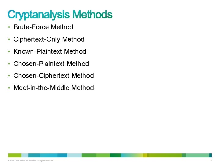  • Brute-Force Method • Ciphertext-Only Method • Known-Plaintext Method • Chosen-Ciphertext Method •