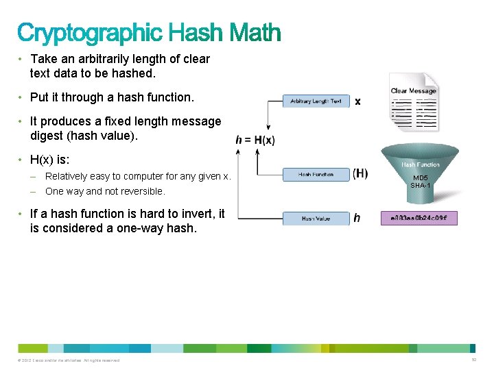  • Take an arbitrarily length of clear text data to be hashed. •