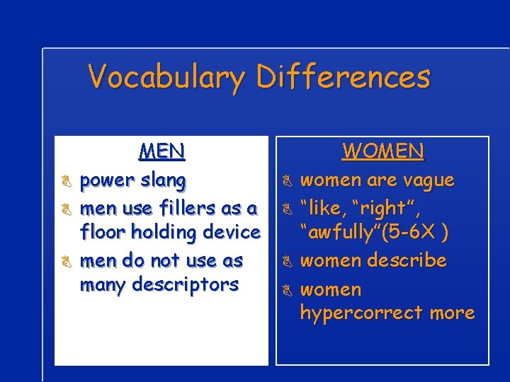 Vocabulary Differences B B B MEN power slang men use fillers as a floor