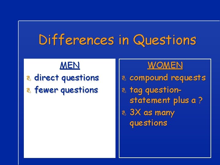 Differences in Questions B B MEN direct questions fewer questions B B B WOMEN
