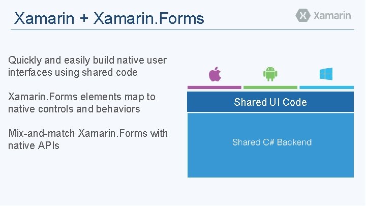 Xamarin + Xamarin. Forms Quickly and easily build native user interfaces using shared code