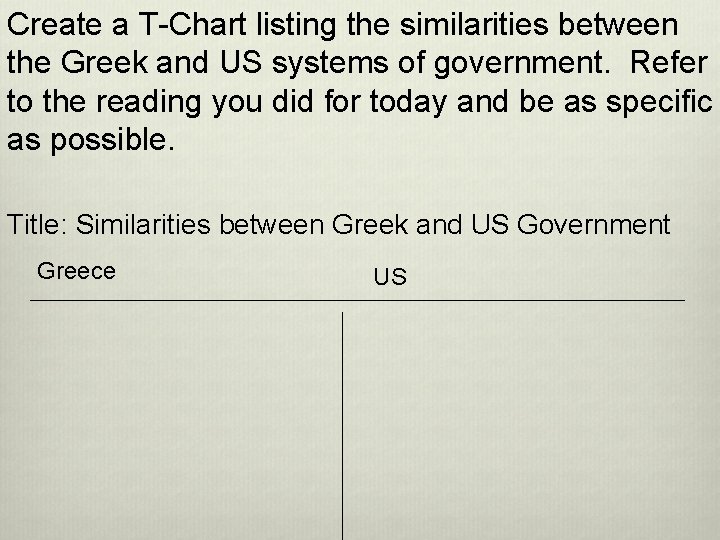 Create a T-Chart listing the similarities between the Greek and US systems of government.