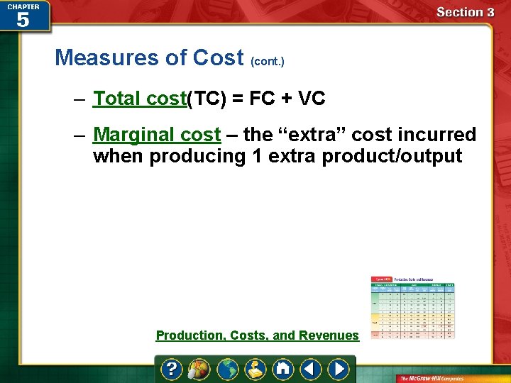 Measures of Cost (cont. ) – Total cost(TC) = FC + VC – Marginal