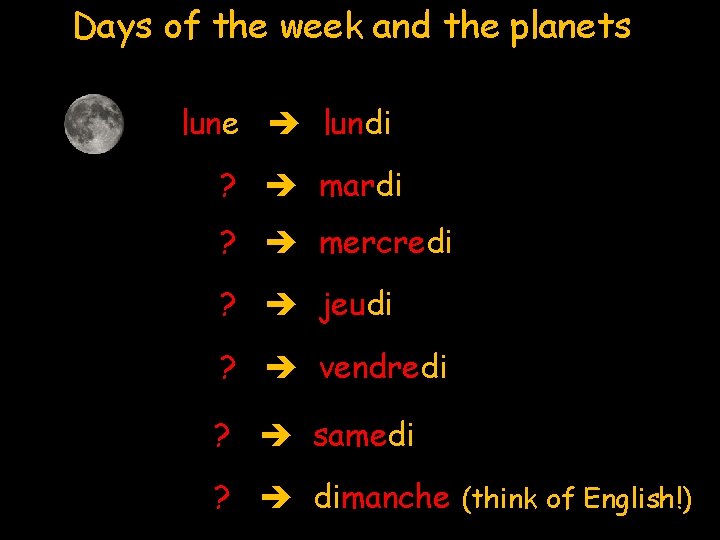 Days of the week and the planets lune lundi ? mardi ? mercredi ?