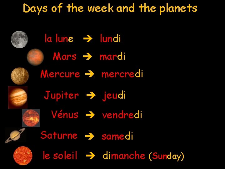 Days of the week and the planets la lune lundi Mars mardi Mercure mercredi