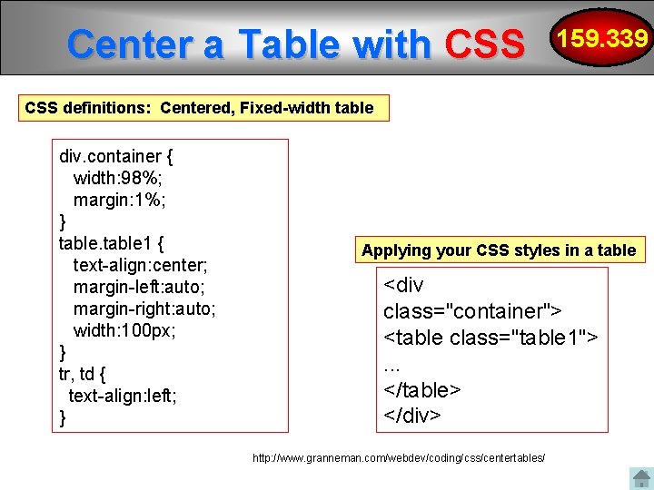 Center a Table with CSS 159. 339 CSS definitions: Centered, Fixed-width table div. container Center a Table with CSS 159. 339 CSS definitions: Centered, Fixed-width table div. container