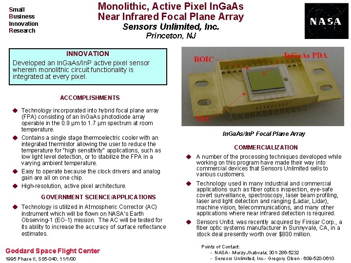 Monolithic, Active Pixel In. Ga. As Near Infrared Focal Plane Array Small Business Innovation