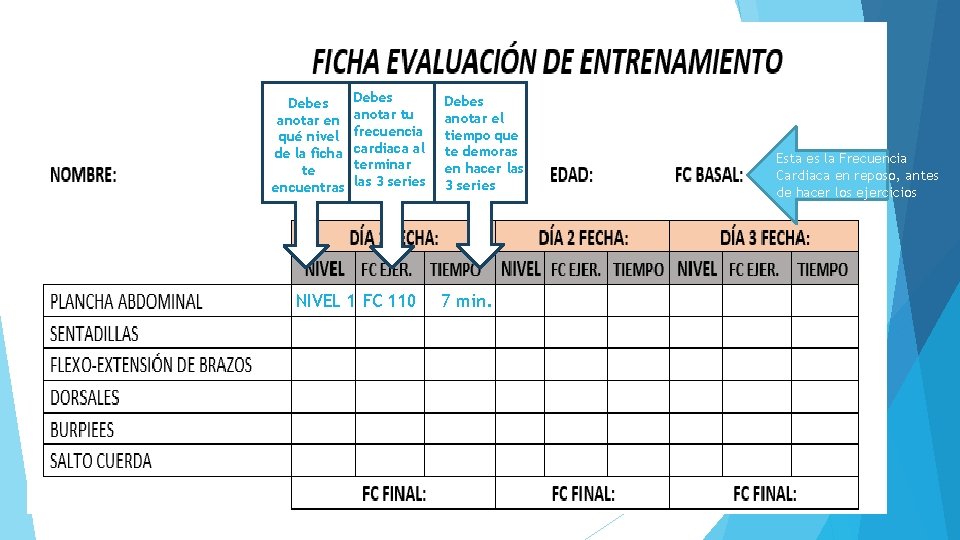 Debes anotar en qué nivel de la ficha te encuentras Debes anotar tu frecuencia