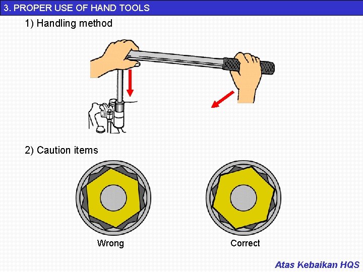 3. PROPER USE OF HAND TOOLS 1) Handling method 2) Caution items Wrong Correct
