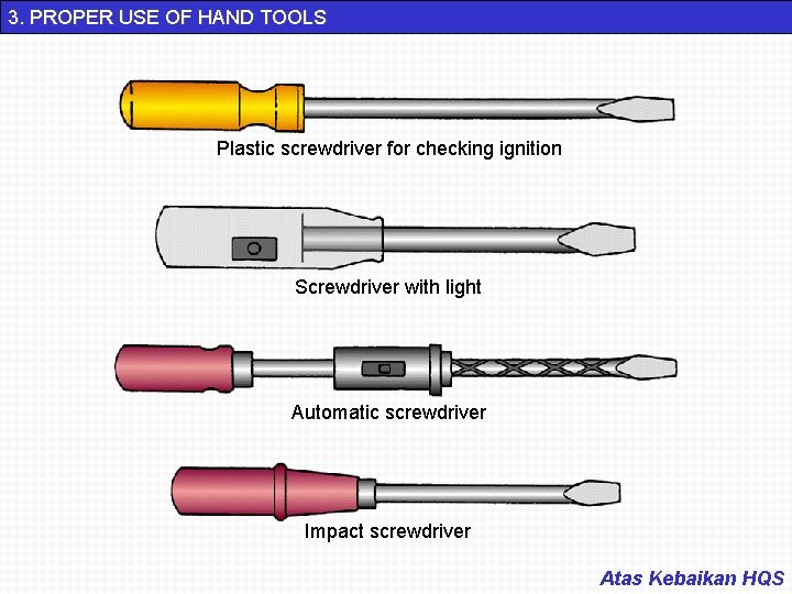 3. PROPER USE OF HAND TOOLS Plastic screwdriver for checking ignition Screwdriver with light