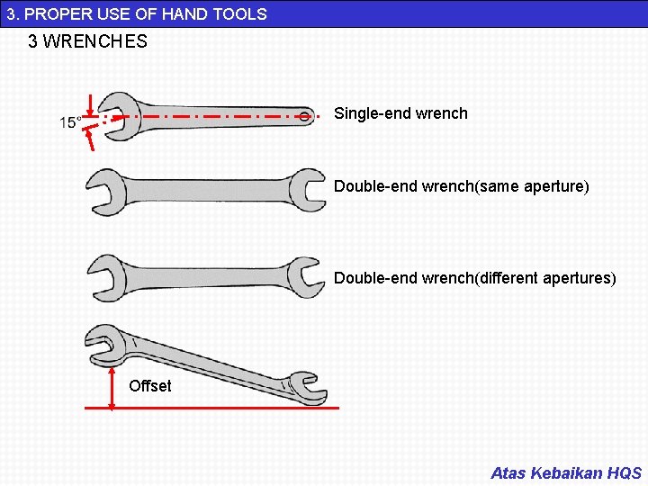 3. PROPER USE OF HAND TOOLS 3 WRENCHES Single-end wrench Double-end wrench(same aperture) Double-end