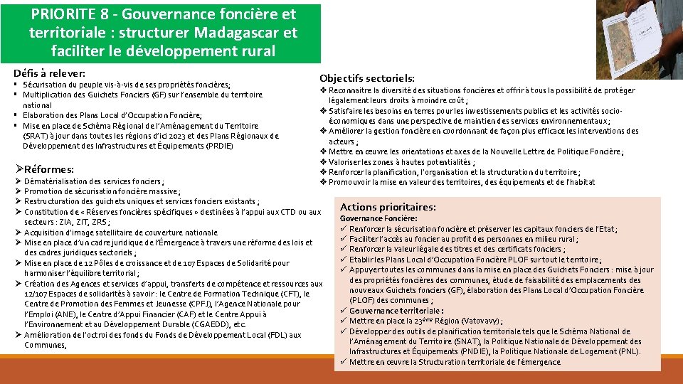 PRIORITE 8 - Gouvernance foncière et territoriale : structurer Madagascar et faciliter le développement