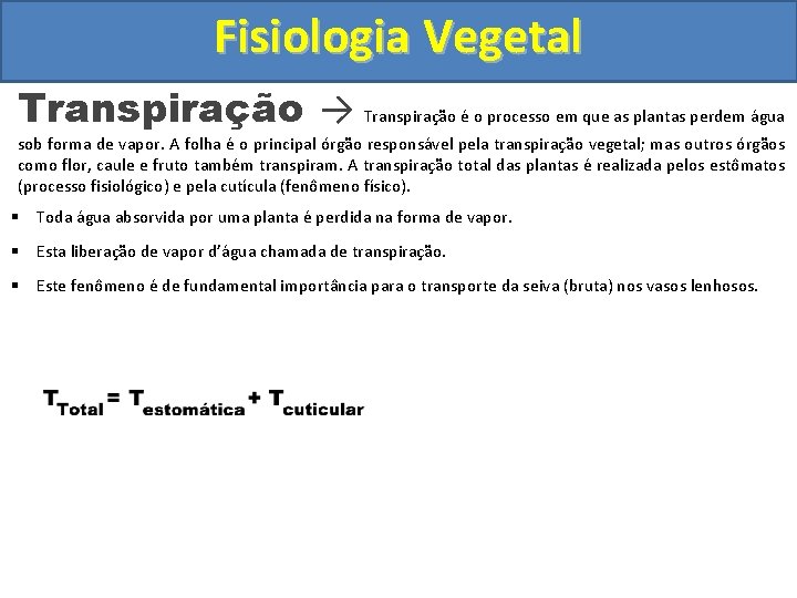 Fisiologia Vegetal Transpiração → Transpiração é o processo em que as plantas perdem água