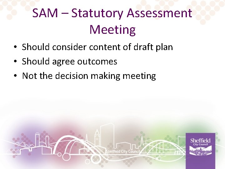 SAM – Statutory Assessment Meeting • Should consider content of draft plan • Should