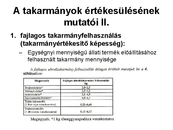 A takarmányok értékesülésének mutatói II. 1. fajlagos takarmányfelhasználás (takarmányértékesítő képesség): – Egységnyi mennyiségű állati