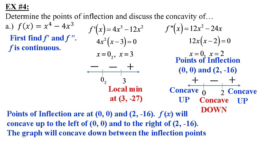 First find f’ and f ”. f is continuous. Points of Inflection (0, 0)