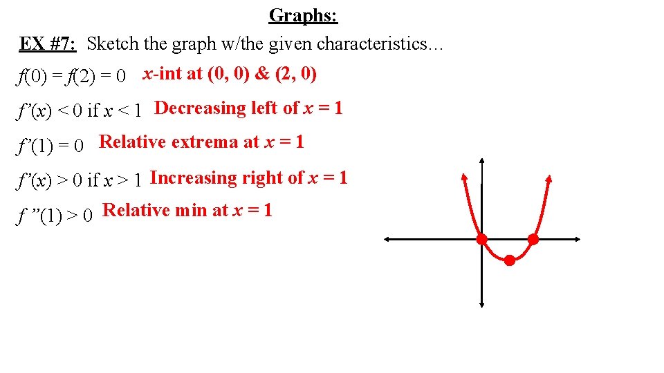 Graphs: EX #7: Sketch the graph w/the given characteristics… f(0) = f(2) = 0