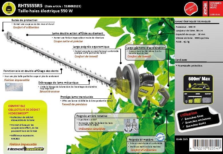 RHT 5555 RS (Code article : 5133002121) Taille-haies électrique 550 W Butée de protection