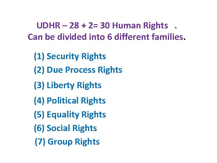 UDHR – 28 + 2= 30 Human Rights. Can be divided into 6 different