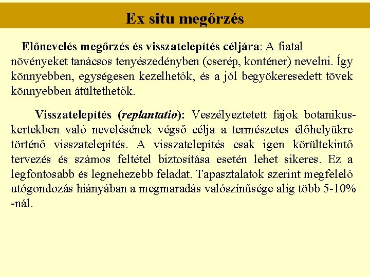 Ex situ megőrzés Előnevelés megőrzés és visszatelepítés céljára: A fiatal növényeket tanácsos tenyészedényben (cserép,