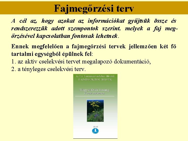 Fajmegőrzési terv A cél az, hogy azokat az információkat gyűjtsük össze és rendszerezzük adott