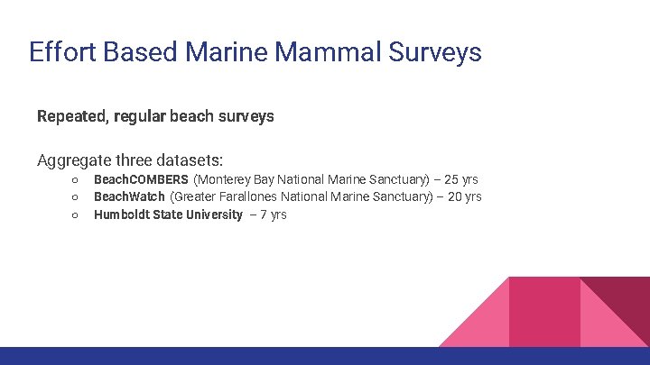 Effort Based Marine Mammal Surveys Repeated, regular beach surveys Aggregate three datasets: ○ ○