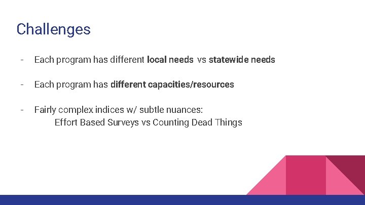 Challenges - Each program has different local needs vs statewide needs - Each program