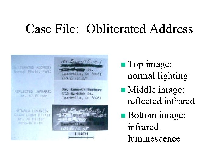 Case File: Obliterated Address n Top image: normal lighting n Middle image: reflected infrared