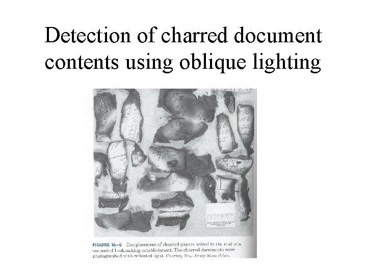 Detection of charred document contents using oblique lighting 