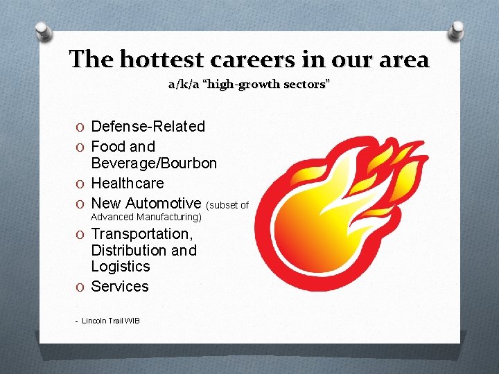 The hottest careers in our area a/k/a “high-growth sectors” O Defense-Related O Food and