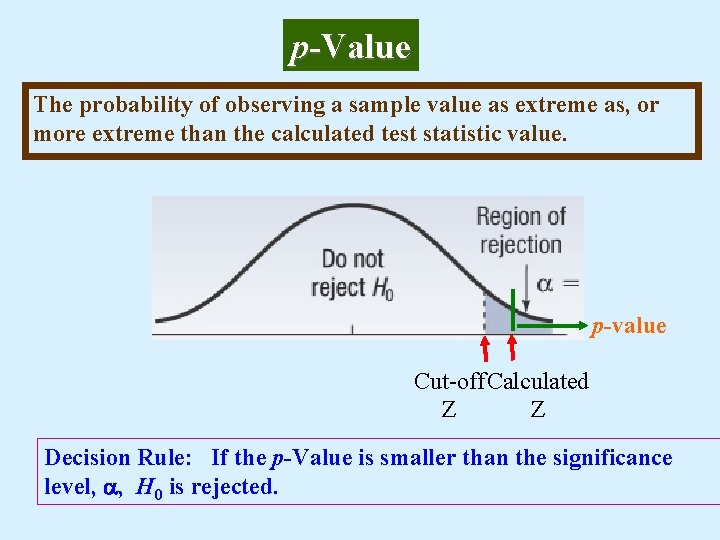 p-Value The probability of observing a sample value as extreme as, or more extreme