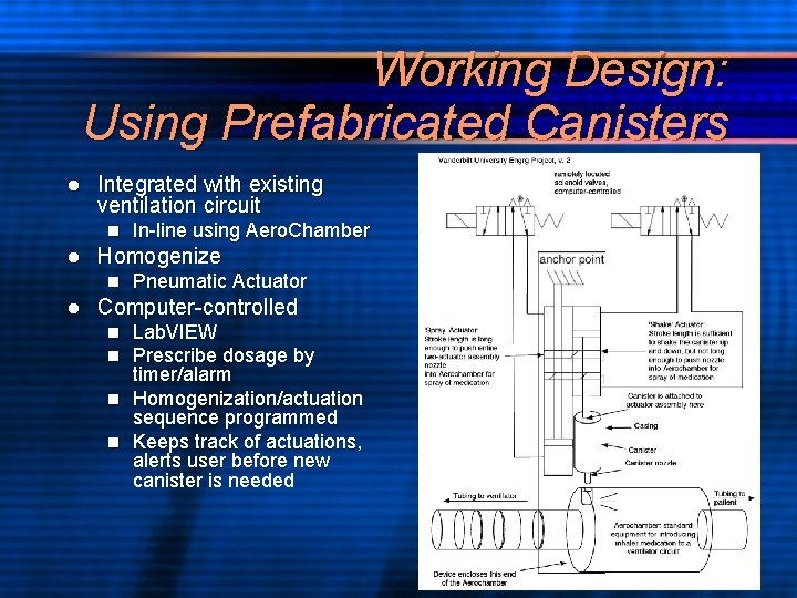 Working Design: Using Prefabricated Canisters l Integrated with existing ventilation circuit n l Homogenize