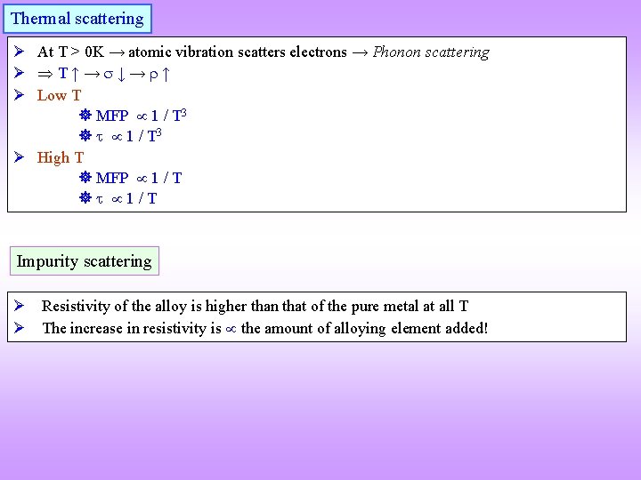 Thermal scattering At T > 0 K → atomic vibration scatters electrons → Phonon