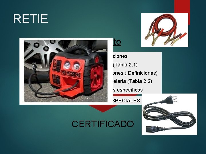 RETIE Producto Alcance instalaciones Alcance Productos (Tabla 2. 1) Alcance Productos (Excepciones ) Definiciones)