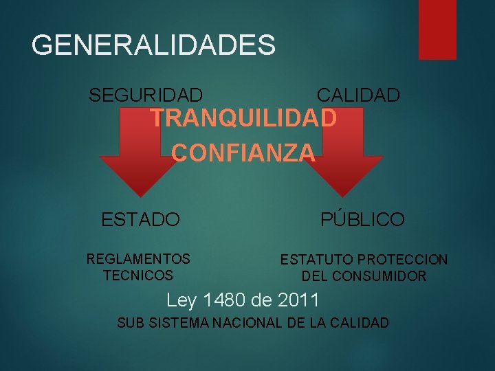 GENERALIDADES SEGURIDAD CALIDAD ESTADO PÚBLICO REGLAMENTOS TECNICOS ESTATUTO PROTECCION DEL CONSUMIDOR TRANQUILIDAD CONFIANZA Ley