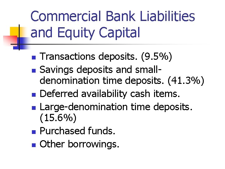 Commercial Bank Liabilities and Equity Capital n n n Transactions deposits. (9. 5%) Savings