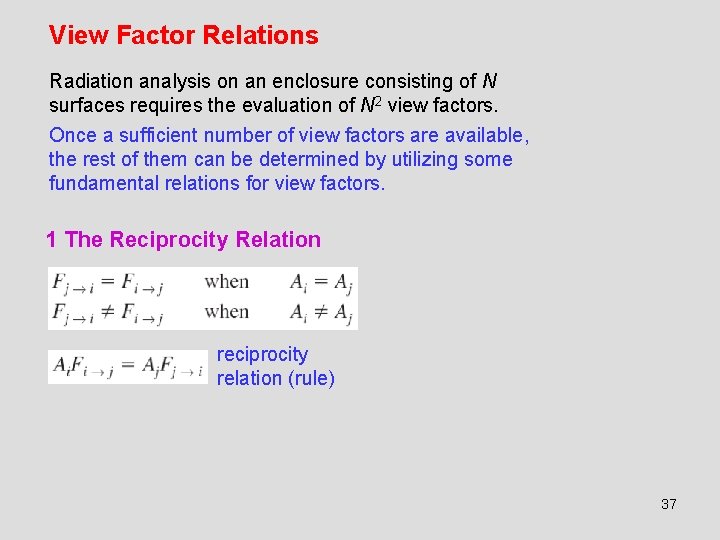 View Factor Relations Radiation analysis on an enclosure consisting of N surfaces requires the