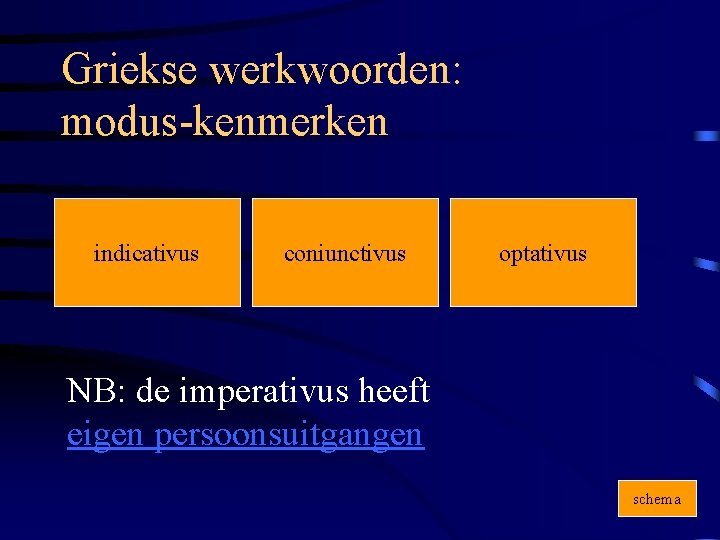 Griekse werkwoorden: modus-kenmerken indicativus coniunctivus optativus NB: de imperativus heeft eigen persoonsuitgangen schema 