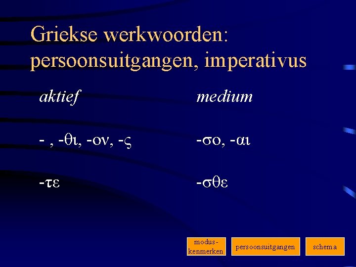 Griekse werkwoorden: persoonsuitgangen, imperativus aktief medium - , -θι, -ον, -ς -σο, -αι -τε