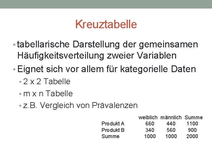 Kreuztabelle • tabellarische Darstellung der gemeinsamen Häufigkeitsverteilung zweier Variablen • Eignet sich vor allem