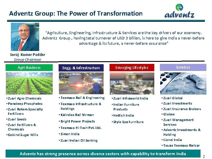 Adventz Group: The Power of Transformation “Agriculture, Engineering, Infrastructure & Services are the key Adventz Group: The Power of Transformation “Agriculture, Engineering, Infrastructure & Services are the key