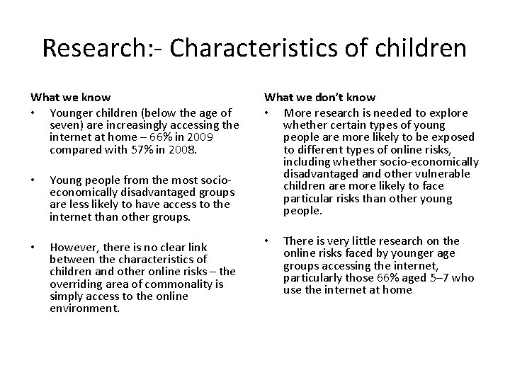 Research: - Characteristics of children What we know • Younger children (below the age